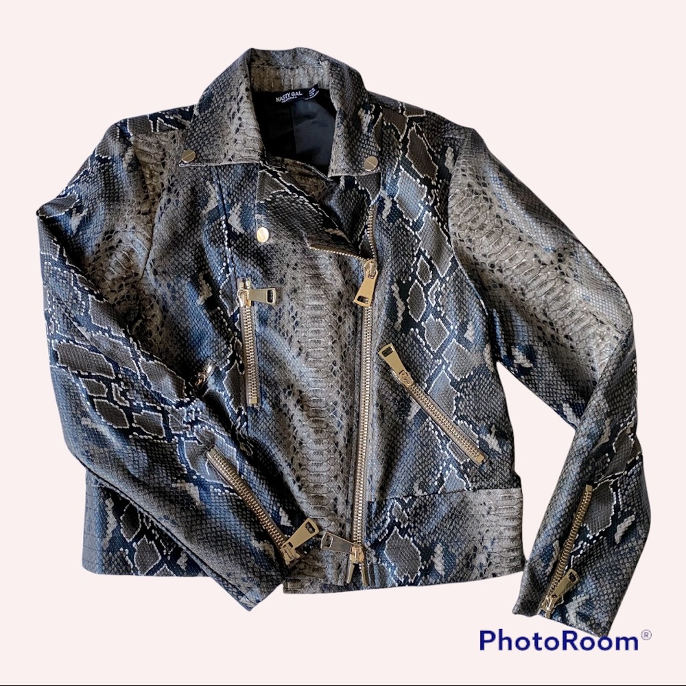 Nasty Gal Black and Gray Snake Print Leather Jacket
